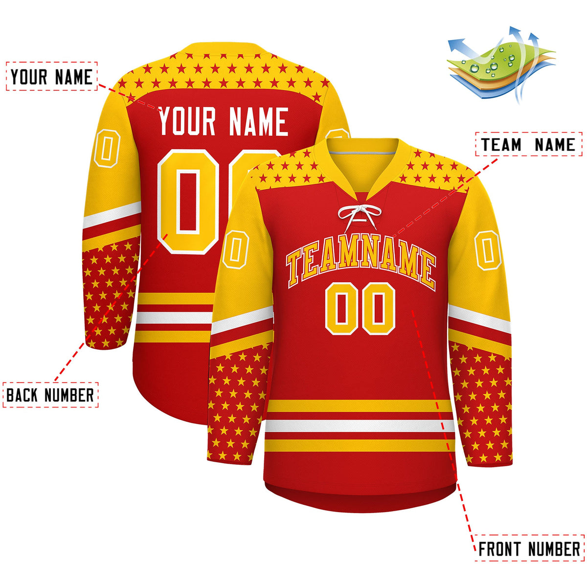 Custom Red Gold White Star Series Personalization Lace-Up Neck Hockey Jersey| KXKSHOP