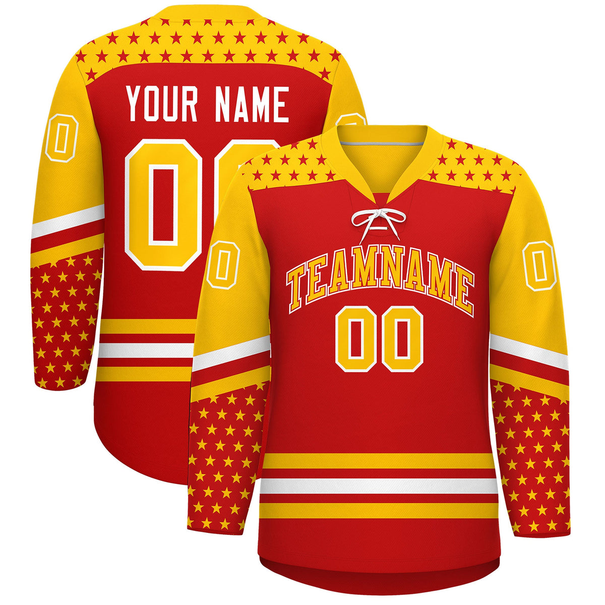 Custom Red Gold White Star Series Personalization Lace-Up Neck Hockey Jersey| KXKSHOP