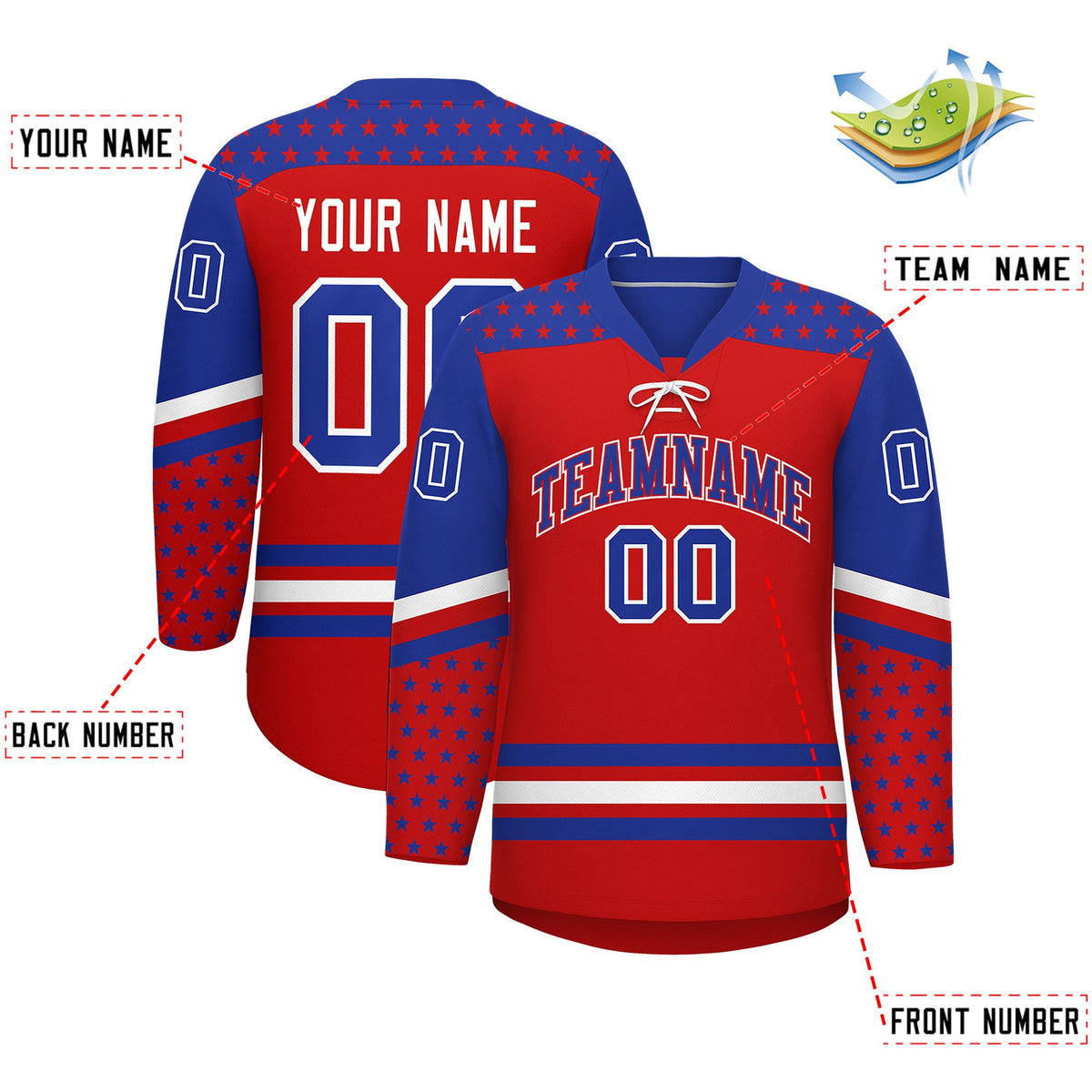 Custom Red Royal Blue White Star Series Personalization Lace-Up Neck Hockey Jersey| KXKSHOP