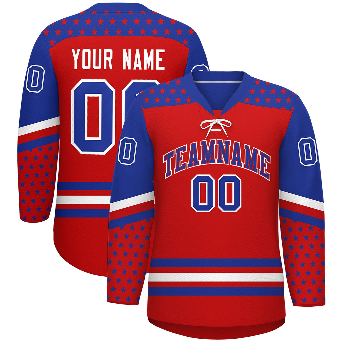 Custom Red Royal Blue White Star Series Personalization Lace-Up Neck Hockey Jersey| KXKSHOP