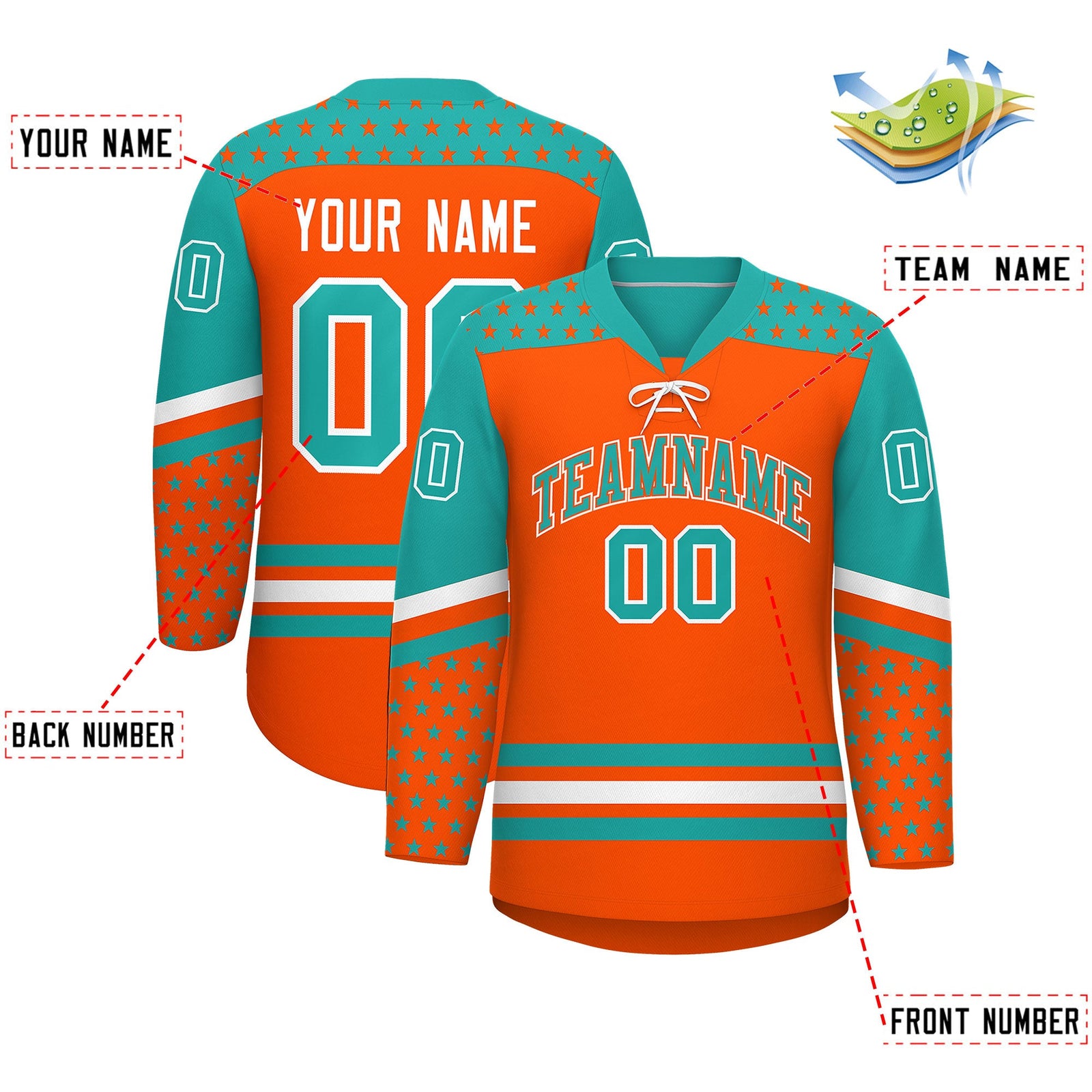 Custom Orange Aqua White Star Series Personalization Lace-Up Neck Hockey Jersey| KXKSHOP