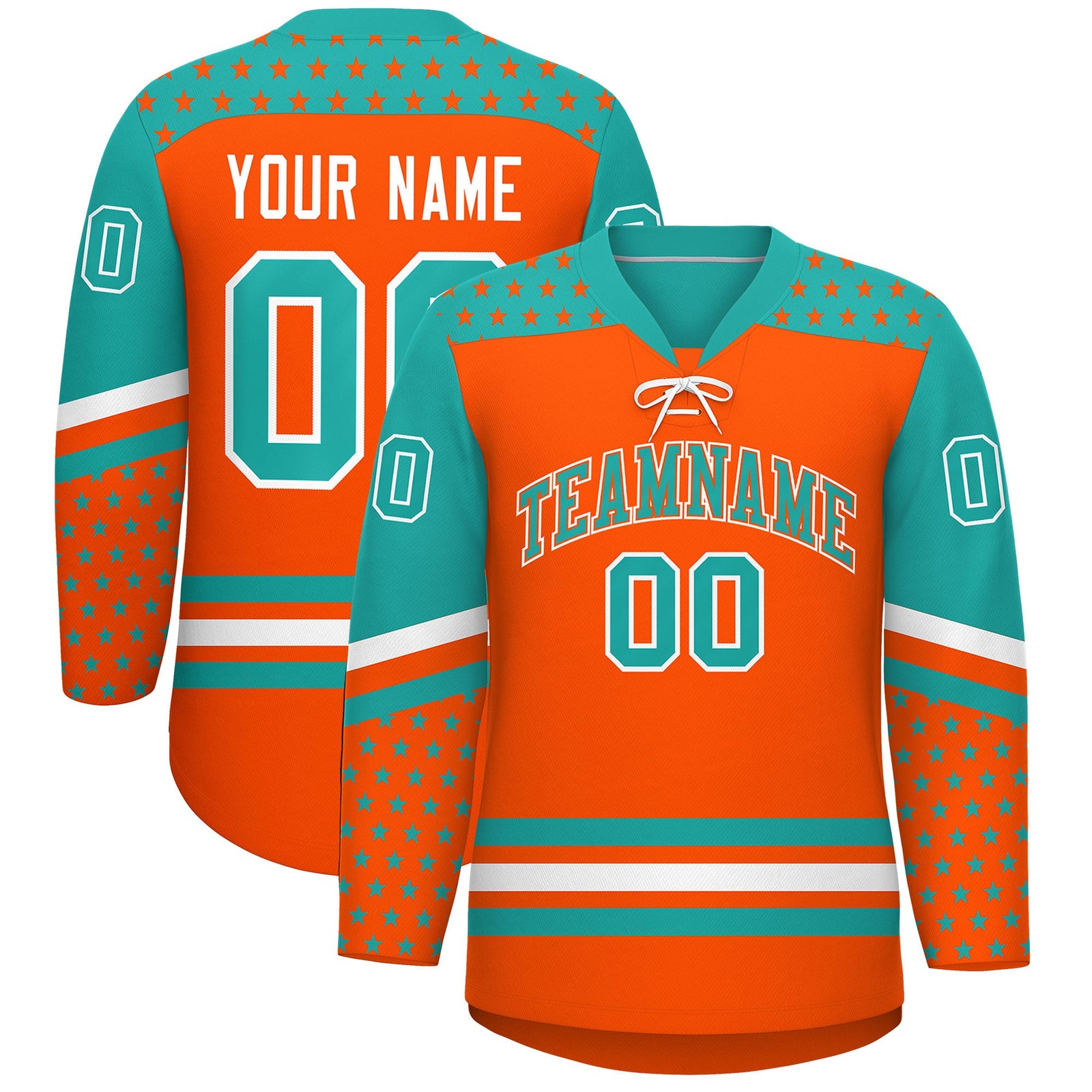 Custom Orange Aqua White Star Series Personalization Lace-Up Neck Hockey Jersey| KXKSHOP