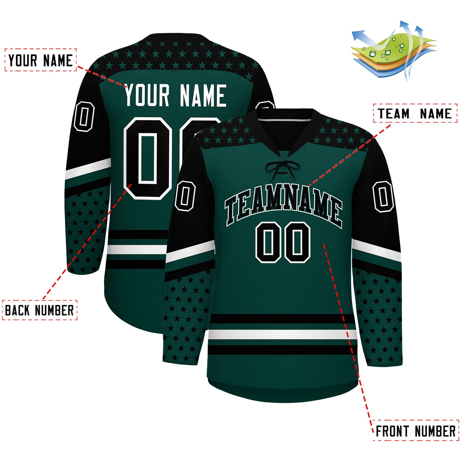 Custom Midnight Green Black White Star Series Personalization Lace-Up Neck Hockey Jersey| KXKSHOP