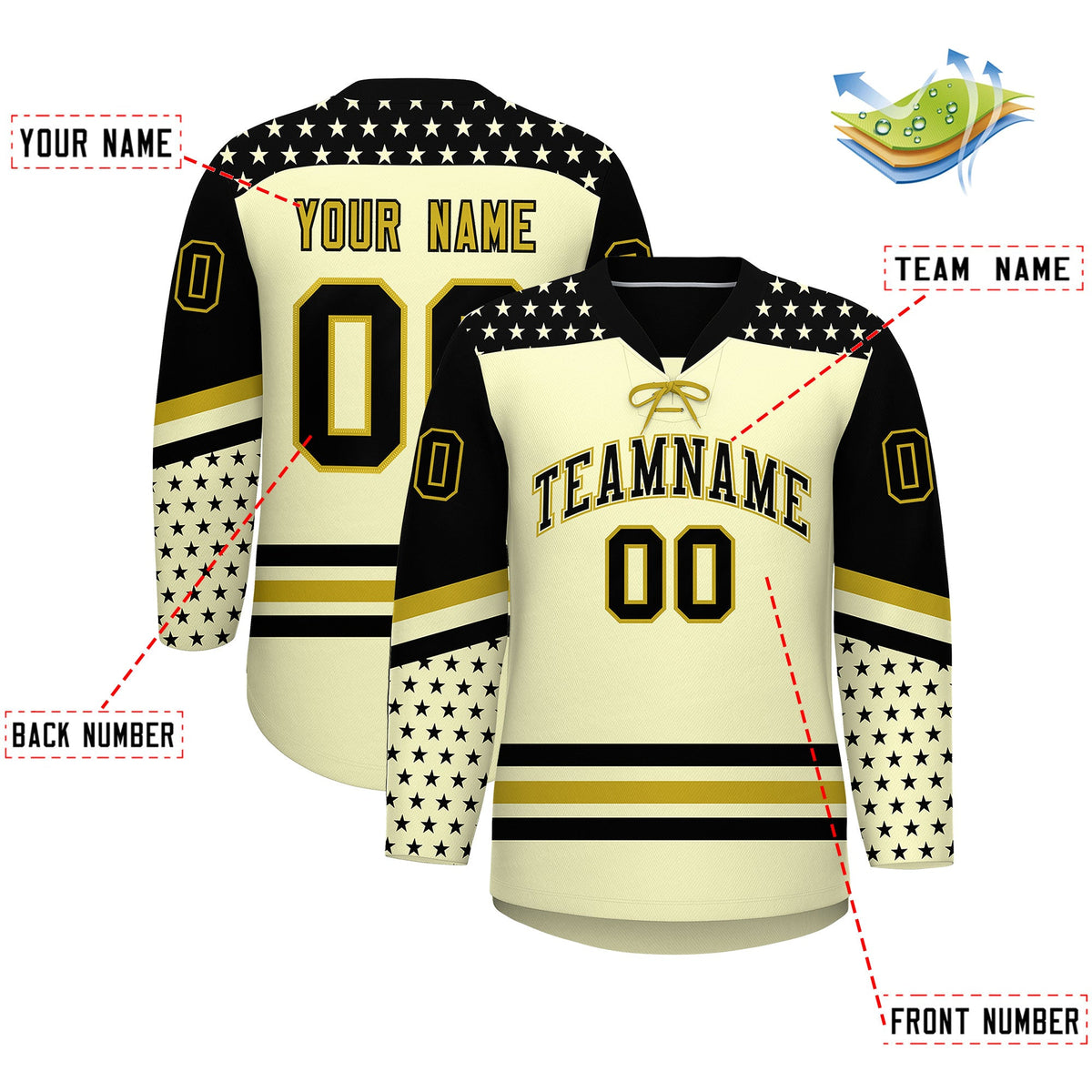 Custom Cream Black Old Gold Star Series Personalization Lace-Up Neck Hockey Jersey| KXKSHOP