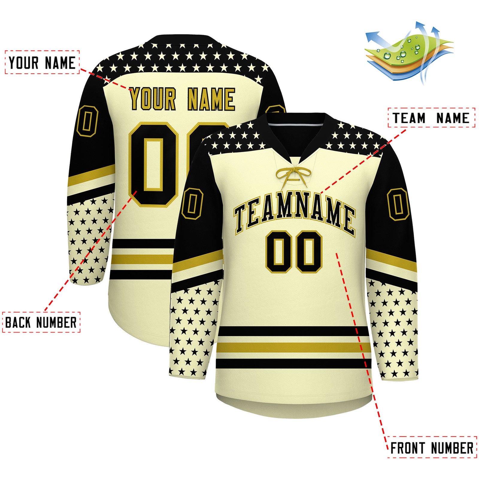 Custom Cream Black Old Gold Star Series Personalization Lace-Up Neck Hockey Jersey| KXKSHOP
