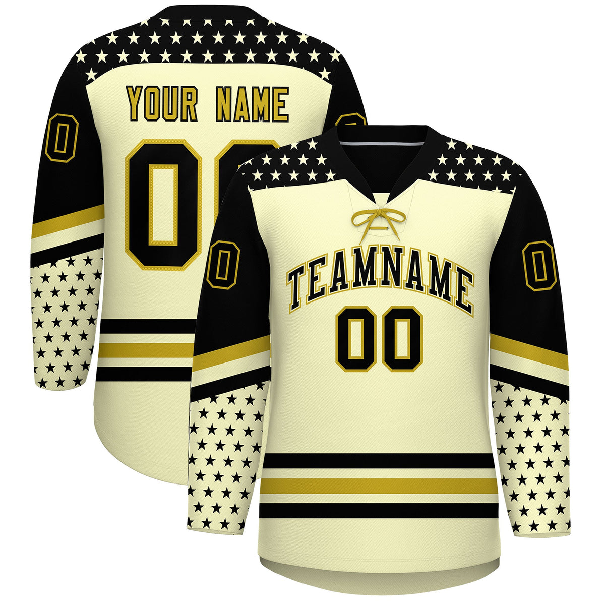 Custom Cream Black Old Gold Star Series Personalization Lace-Up Neck Hockey Jersey| KXKSHOP