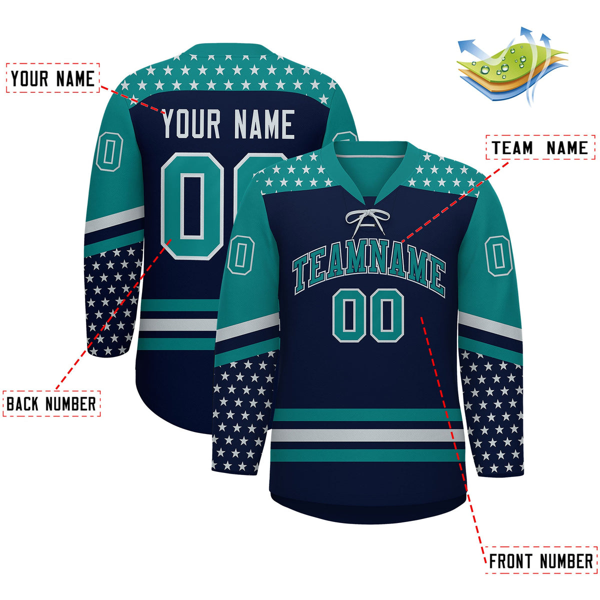 Custom Navy Teal Silver Star Series Personalization Lace-Up Neck Hockey Jersey| KXKSHOP