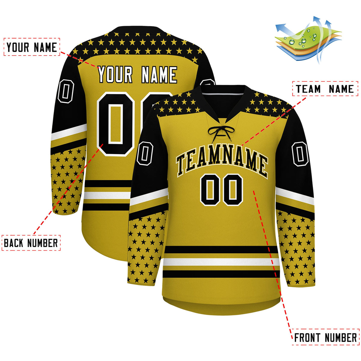 Custom Old Gold Black White Star Series Personalization Lace-Up Neck Hockey Jersey| KXKSHOP