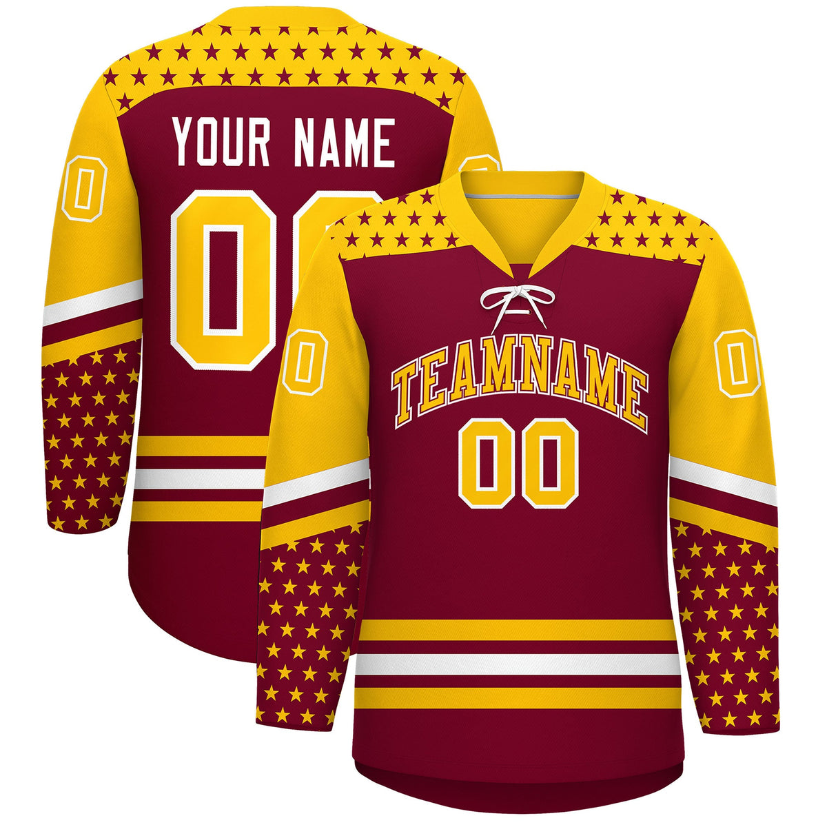 Custom Crimson Gold White Star Series Personalization Lace-Up Neck Hockey Jersey| KXKSHOP