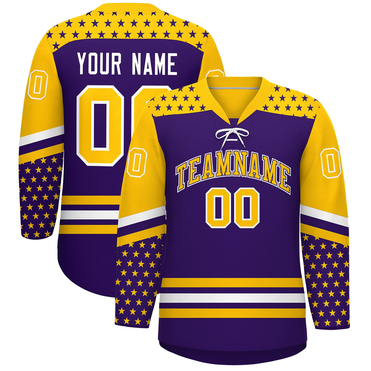 Custom Purple Gold White Star Series Personalization Lace-Up Neck Hockey Jersey| KXKSHOP