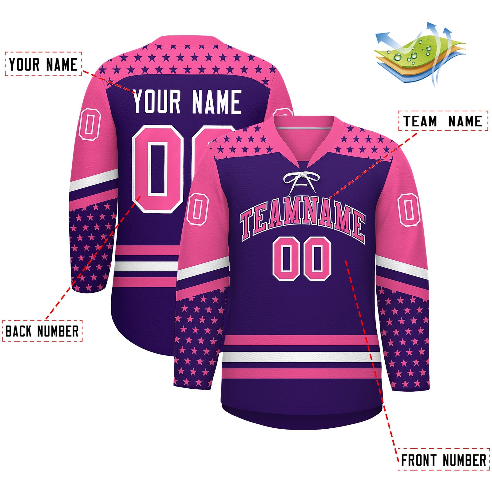 Custom Purple Pink White Star Series Personalization Lace-Up Neck Hockey Jersey| KXKSHOP