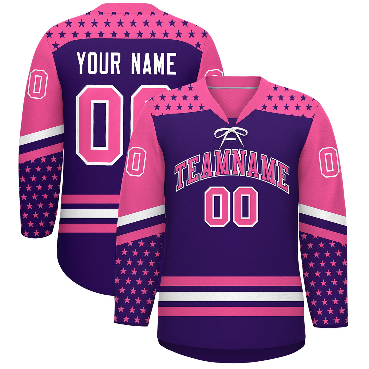 Custom Purple Pink White Star Series Personalization Lace-Up Neck Hockey Jersey| KXKSHOP
