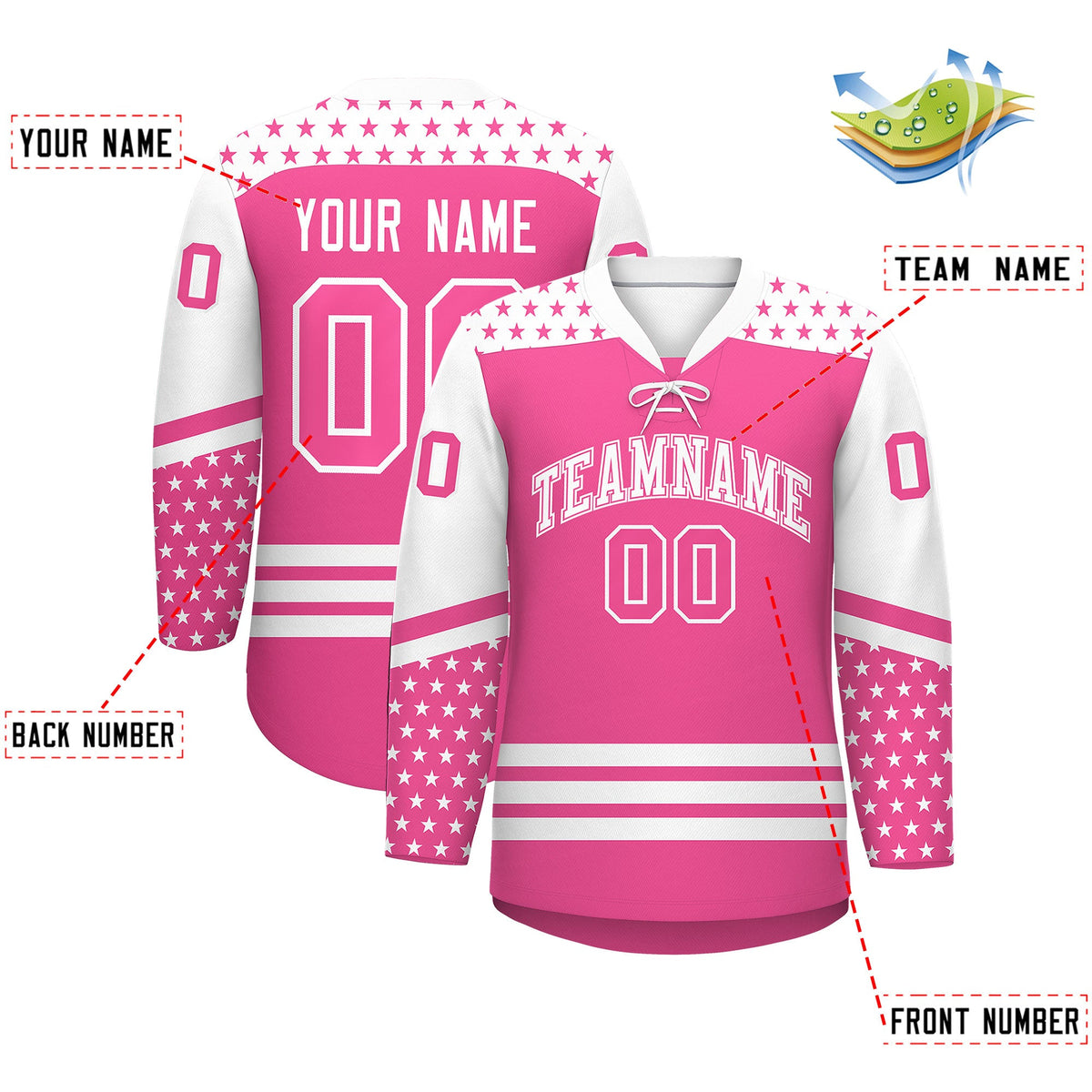 Custom Pink White Star Series Personalization Lace-Up Neck Hockey Jersey| KXKSHOP