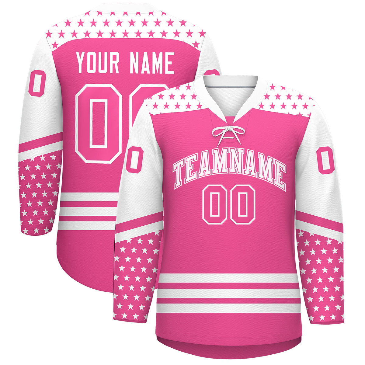 Custom Pink White Star Series Personalization Lace-Up Neck Hockey Jersey| KXKSHOP