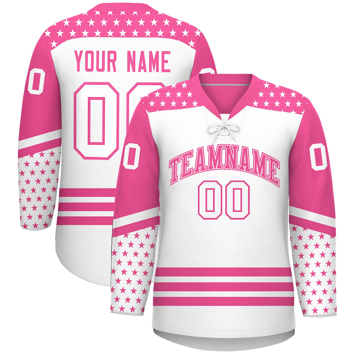 Custom White Pink Star Series Personalization Lace-Up Neck Hockey Jersey| KXKSHOP