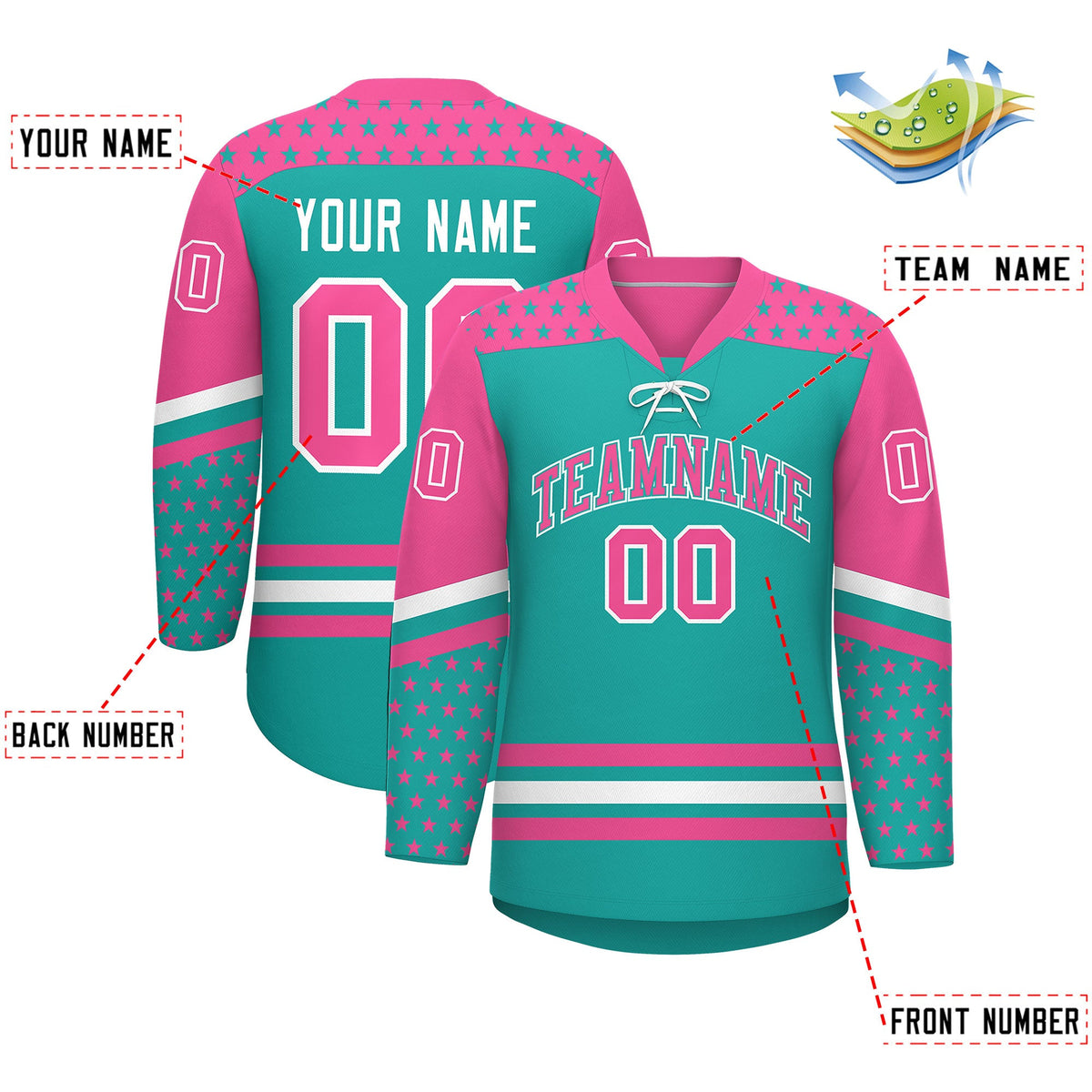 Custom Aqua Pink White Star Series Personalization Lace-Up Neck Hockey Jersey| KXKSHOP