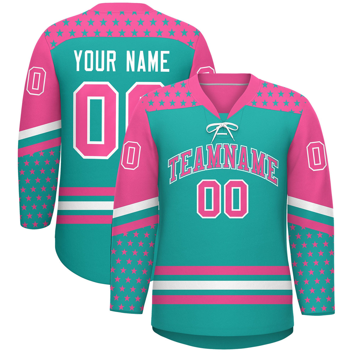 Custom Aqua Pink White Star Series Personalization Lace-Up Neck Hockey Jersey| KXKSHOP