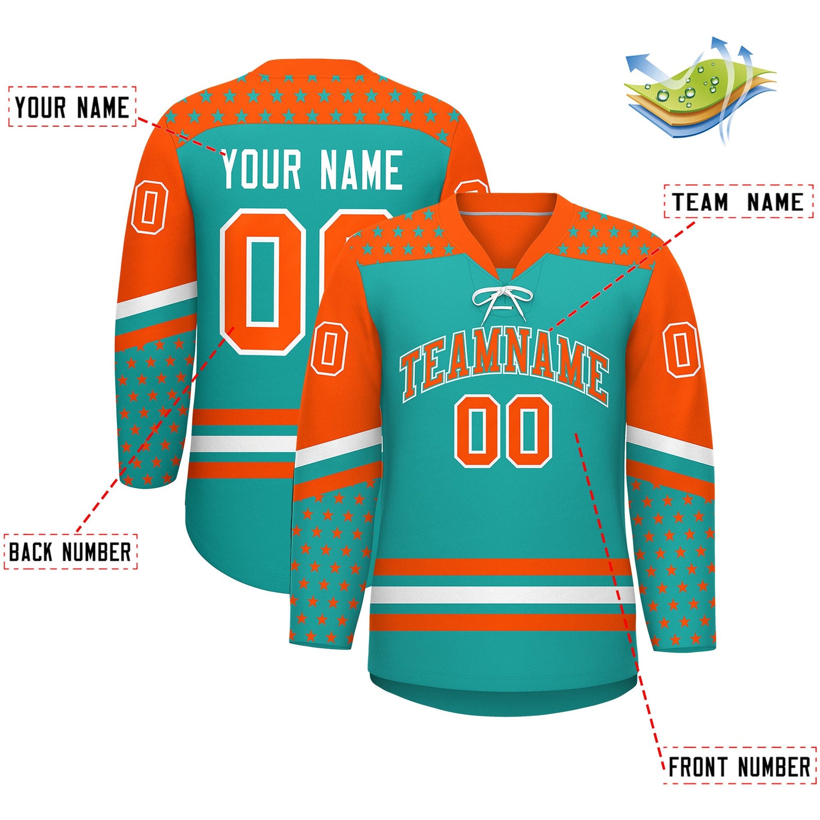 Custom Aqua Orange White Star Series Personalization Lace-Up Neck Hockey Jersey| KXKSHOP