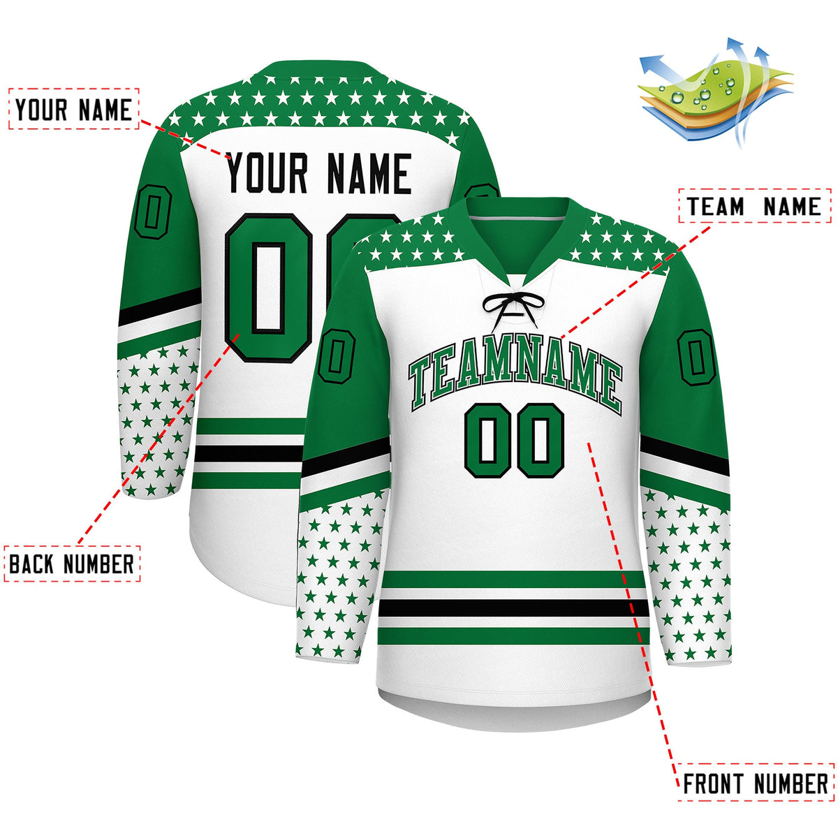 Custom White Kelly Green Black Star Series Personalization Lace-Up Neck Hockey Jersey| KXKSHOP