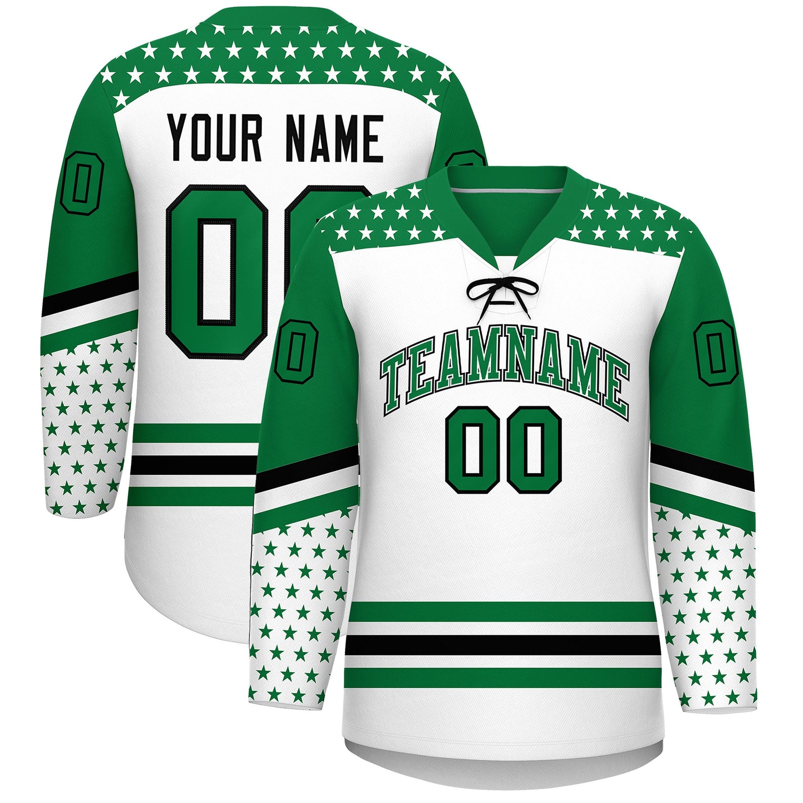 Custom White Kelly Green Black Star Series Personalization Lace-Up Neck Hockey Jersey| KXKSHOP