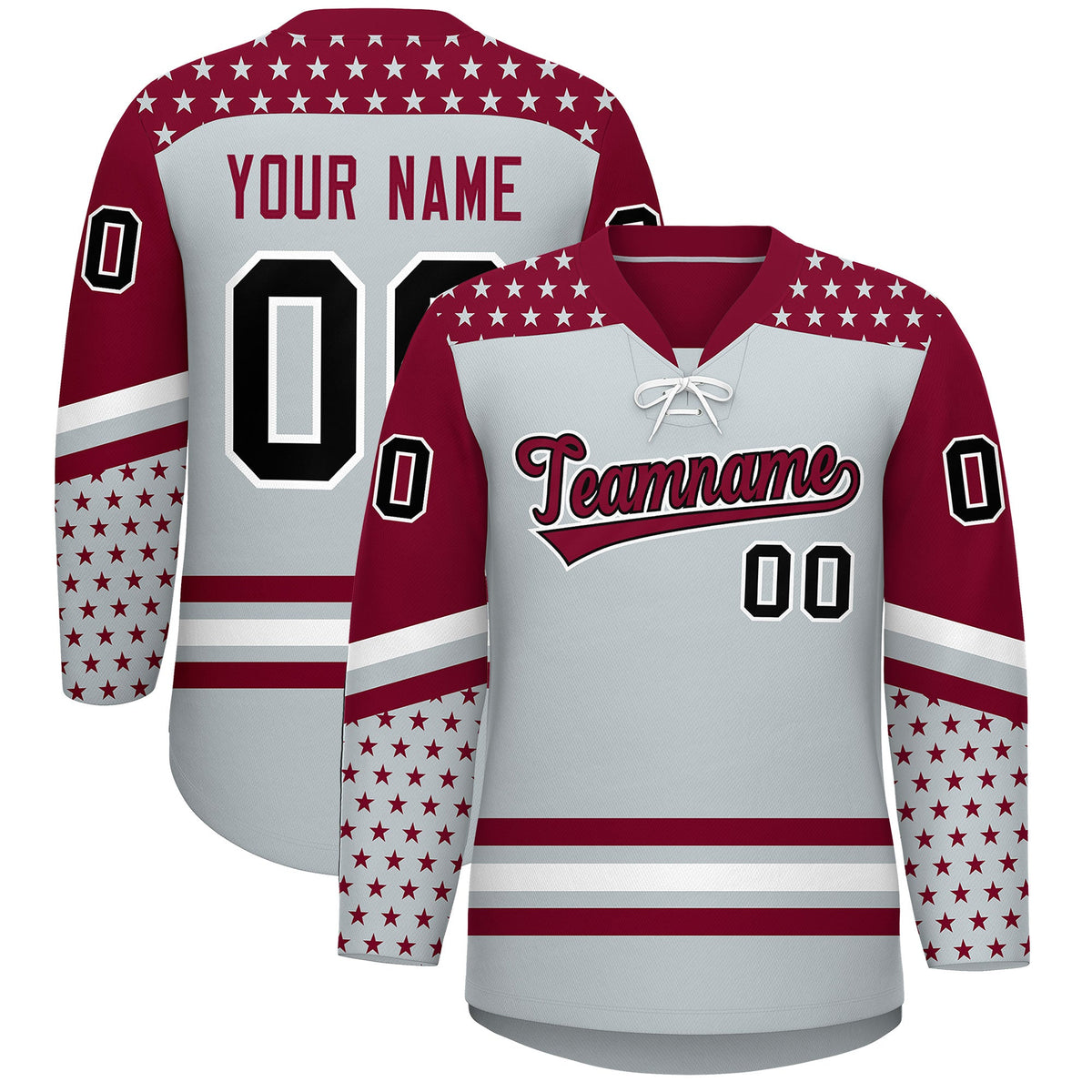 Custom Silver Crimson White Star Series Personalization Lace-Up Neck Hockey Jersey| KXKSHOP