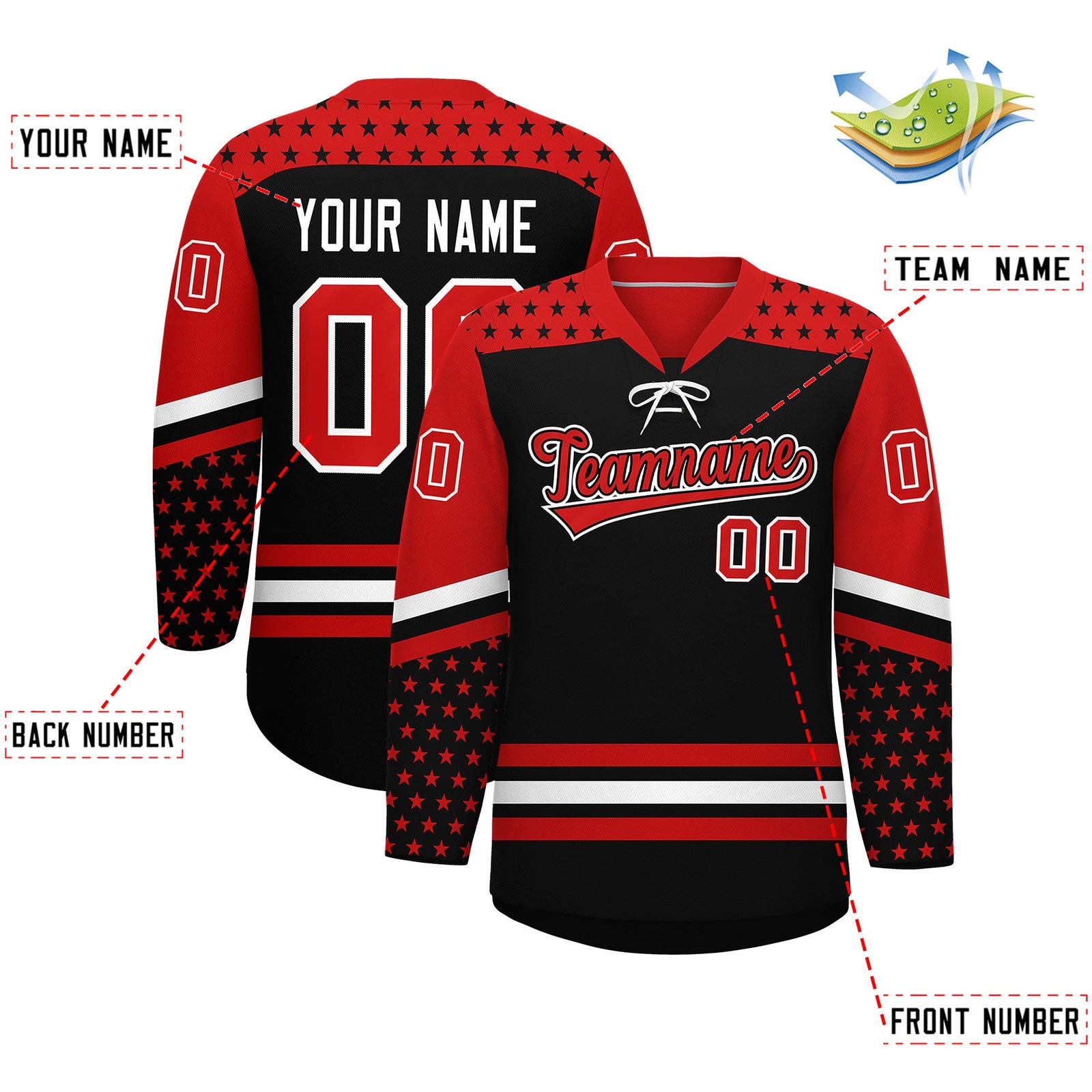Custom Black Red White Star Series Personalization Lace-Up Neck Hockey Jersey| KXKSHOP