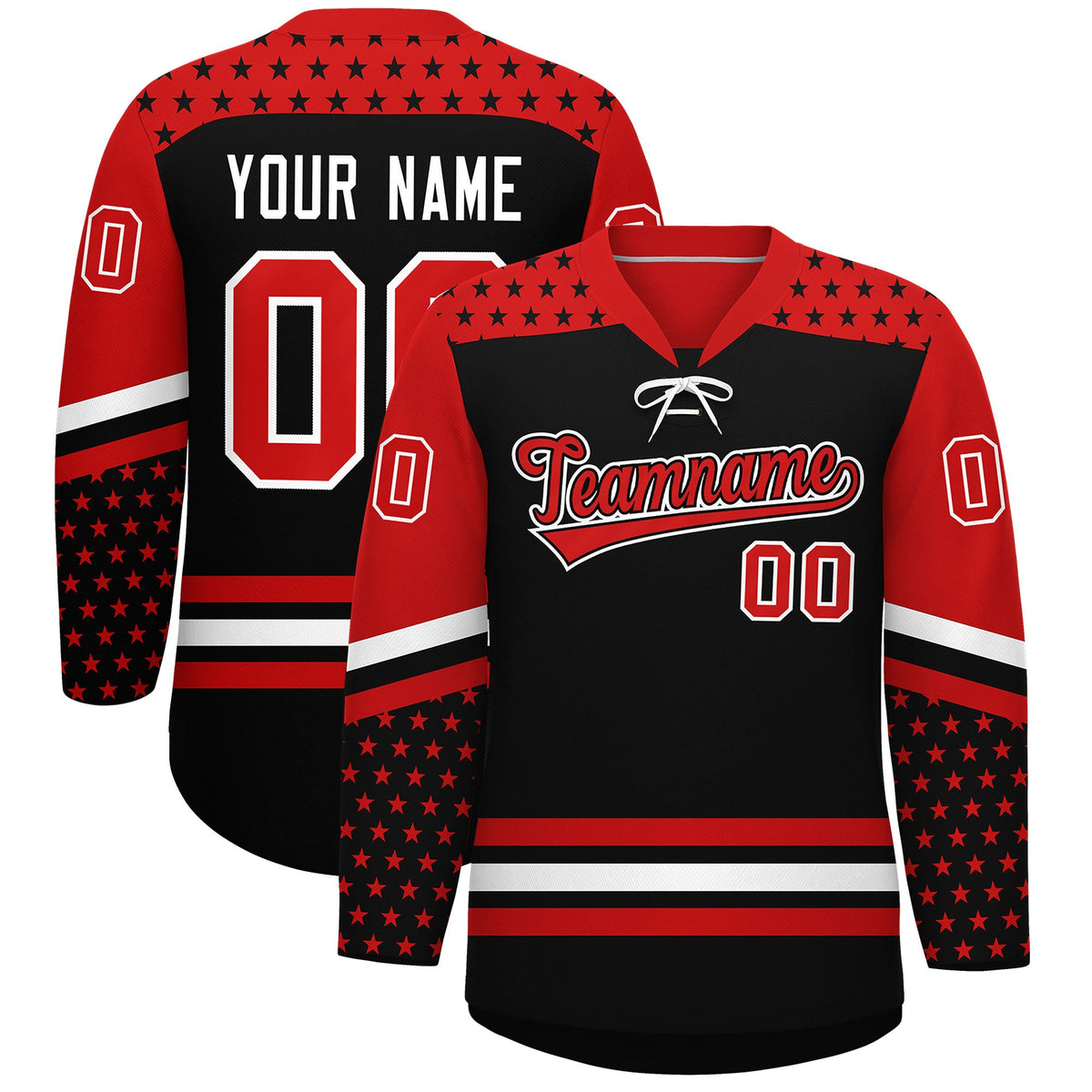 Custom Black Red White Star Series Personalization Lace-Up Neck Hockey Jersey| KXKSHOP