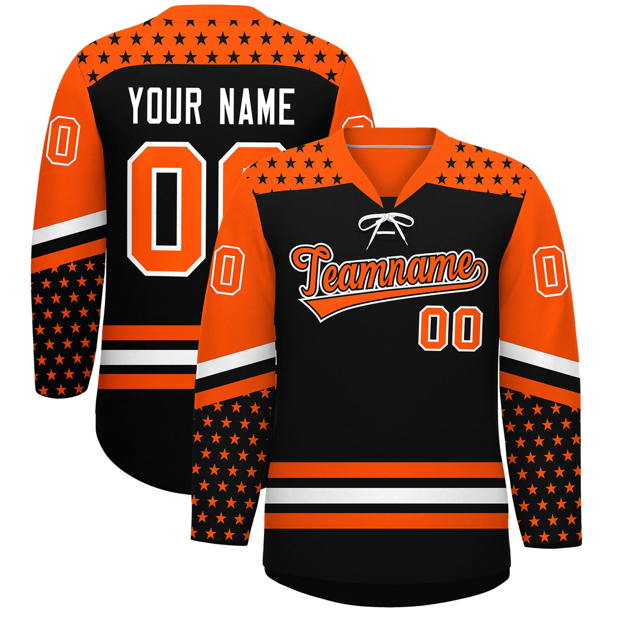 Custom Black Orange White Star Series Personalization Lace-Up Neck Hockey Jersey| KXKSHOP