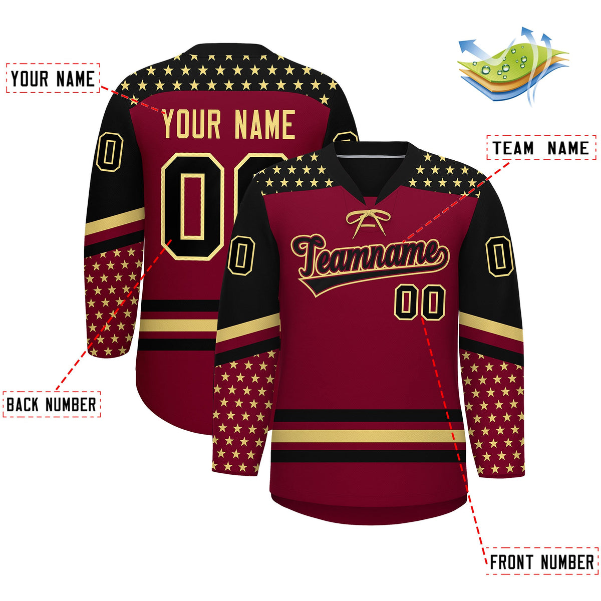 Custom Crimson Black Khaki Star Series Personalization Lace-Up Neck Hockey Jersey| KXKSHOP