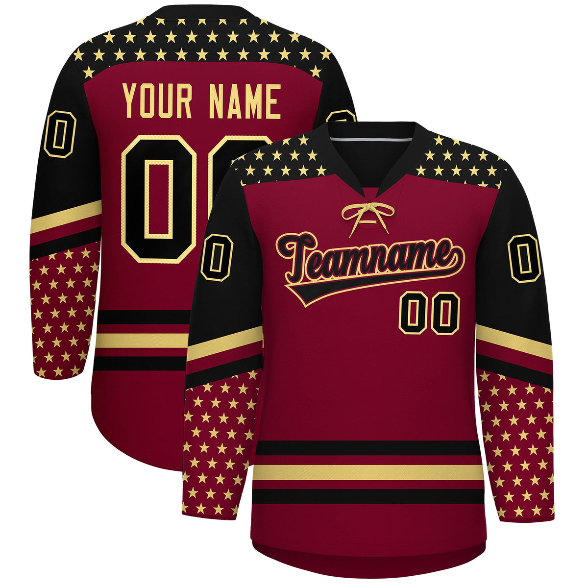 Custom Crimson Black Khaki Star Series Personalization Lace-Up Neck Hockey Jersey| KXKSHOP