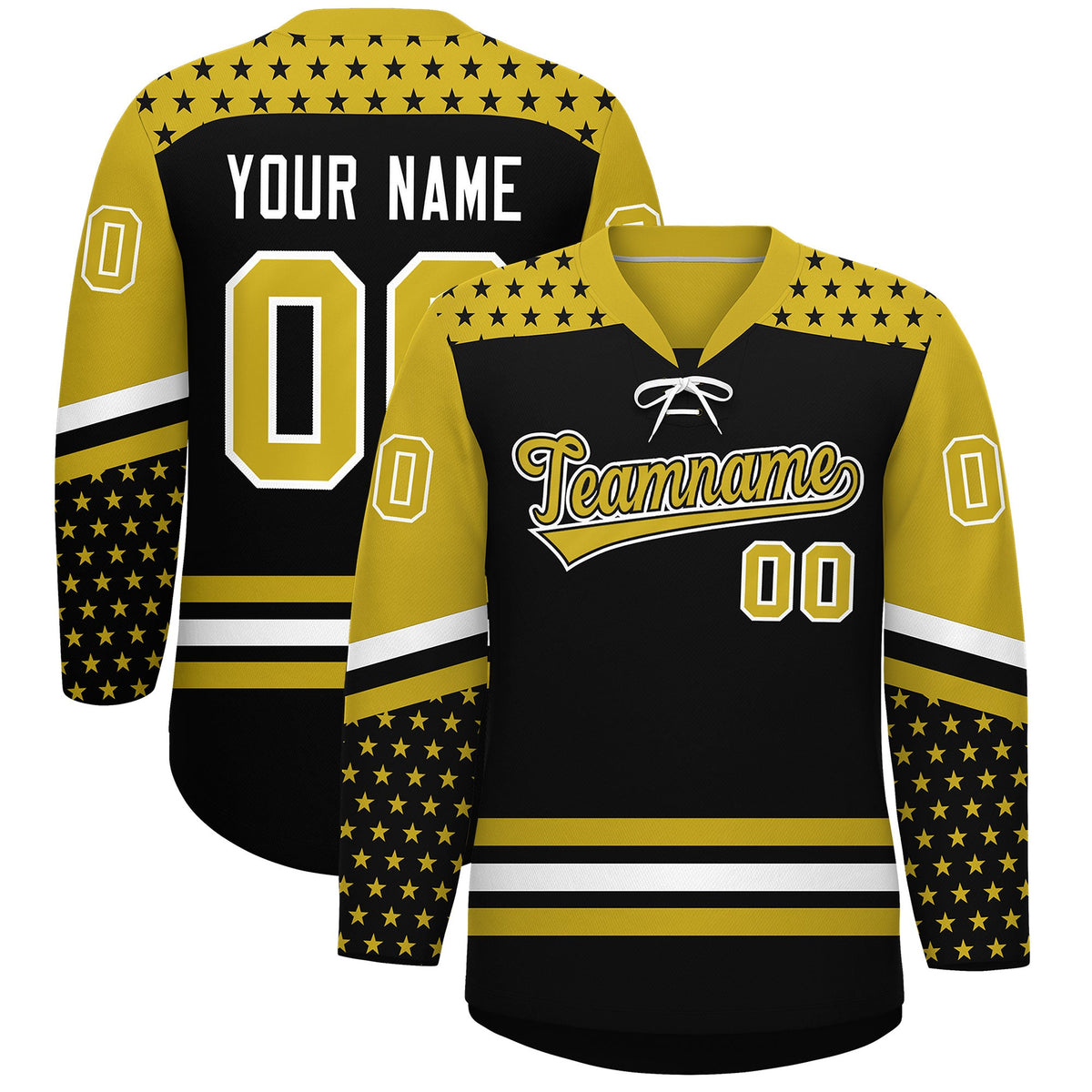 Custom Black Old Gold White Star Series Personalization Lace-Up Neck Hockey Jersey| KXKSHOP