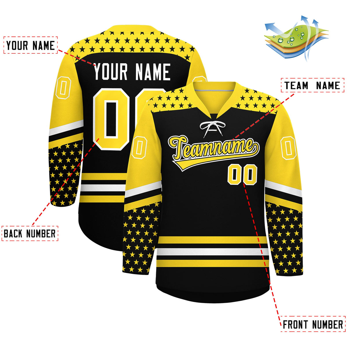 Custom Black Gold White Star Series Personalization Lace-Up Neck Hockey Jersey| KXKSHOP