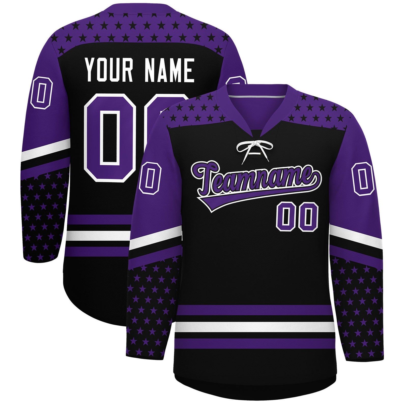 Custom Black Purple White Star Series Personalization Lace-Up Neck Hockey Jersey| KXKSHOP