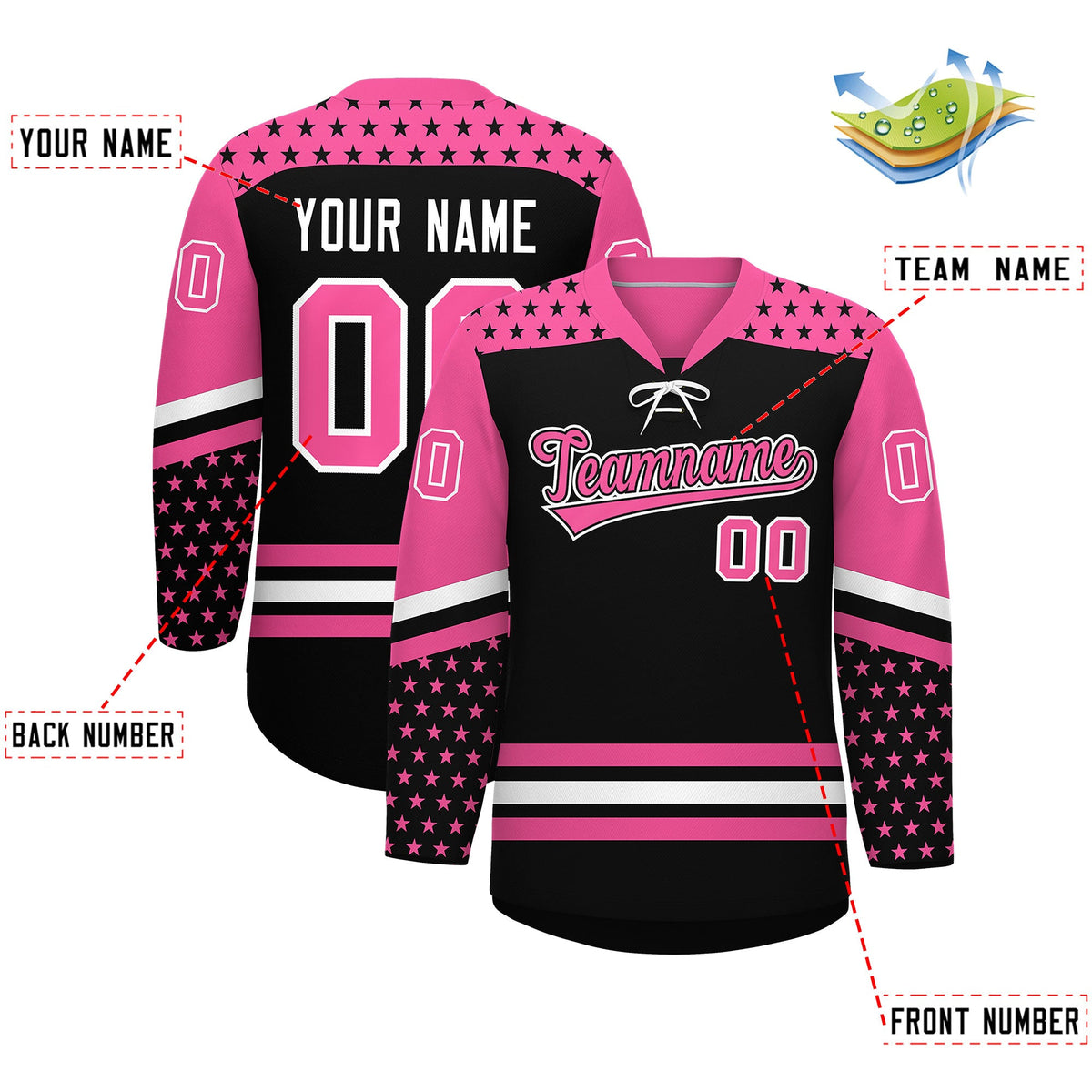 Custom Black Pink White Star Series Personalization Lace-Up Neck Hockey Jersey| KXKSHOP