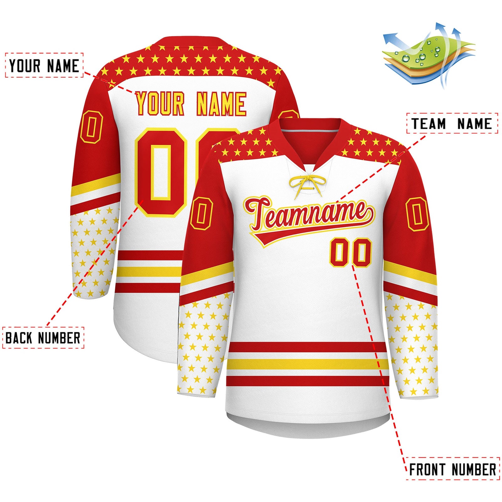Custom White Red Gold Star Series Personalization Lace-Up Neck Hockey Jersey| KXKSHOP