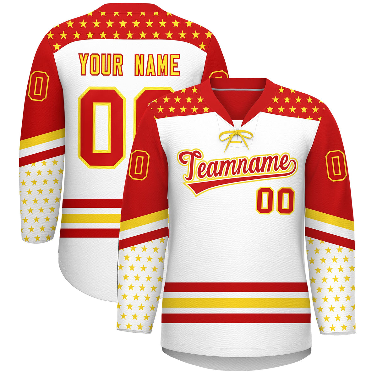 Custom White Red Gold Star Series Personalization Lace-Up Neck Hockey Jersey| KXKSHOP
