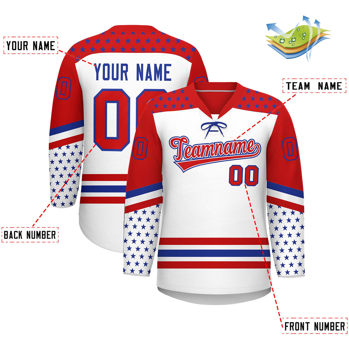 Custom White Red Royal Blue Star Series Personalization Lace-Up Neck Hockey Jersey| KXKSHOP