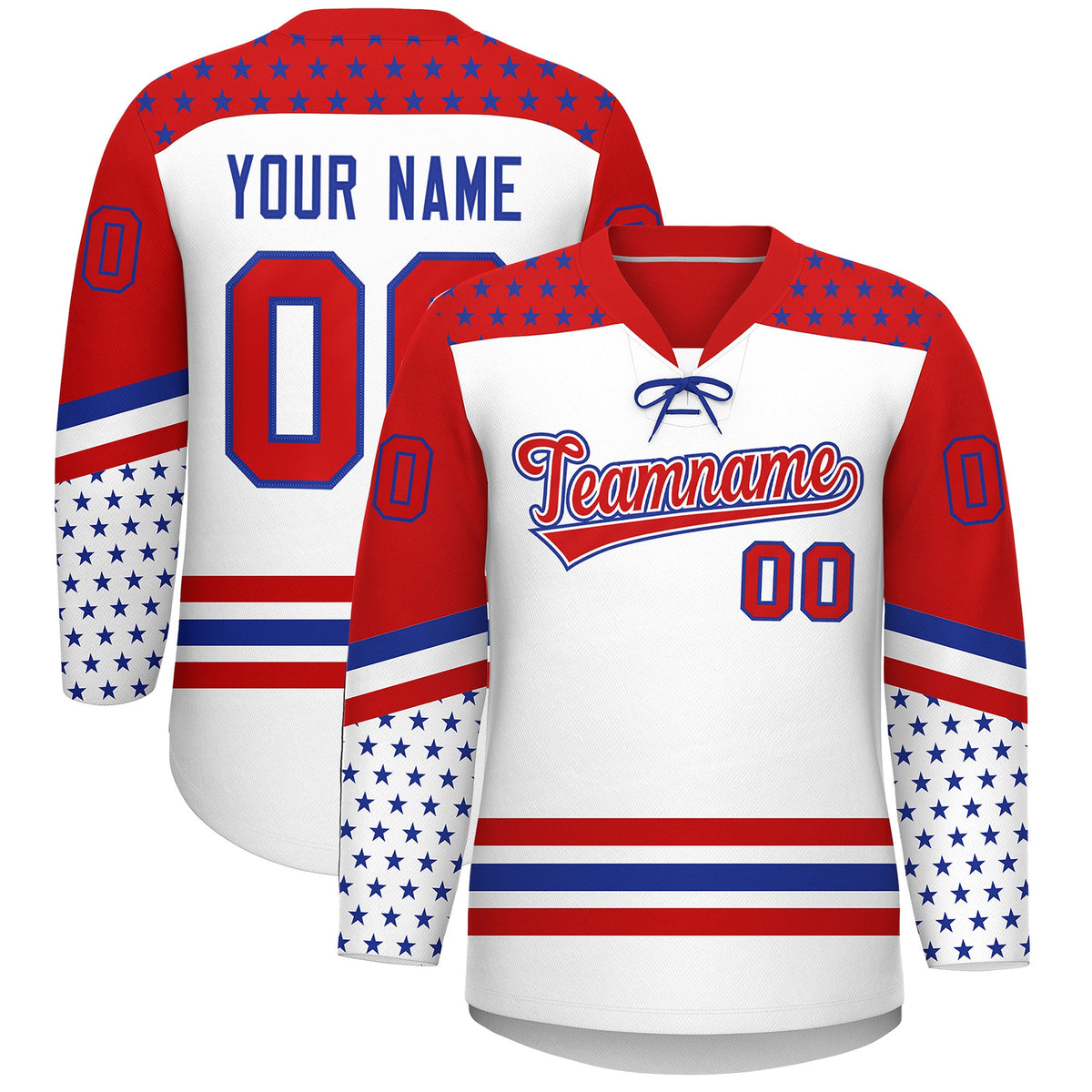 Custom White Red Royal Blue Star Series Personalization Lace-Up Neck Hockey Jersey| KXKSHOP