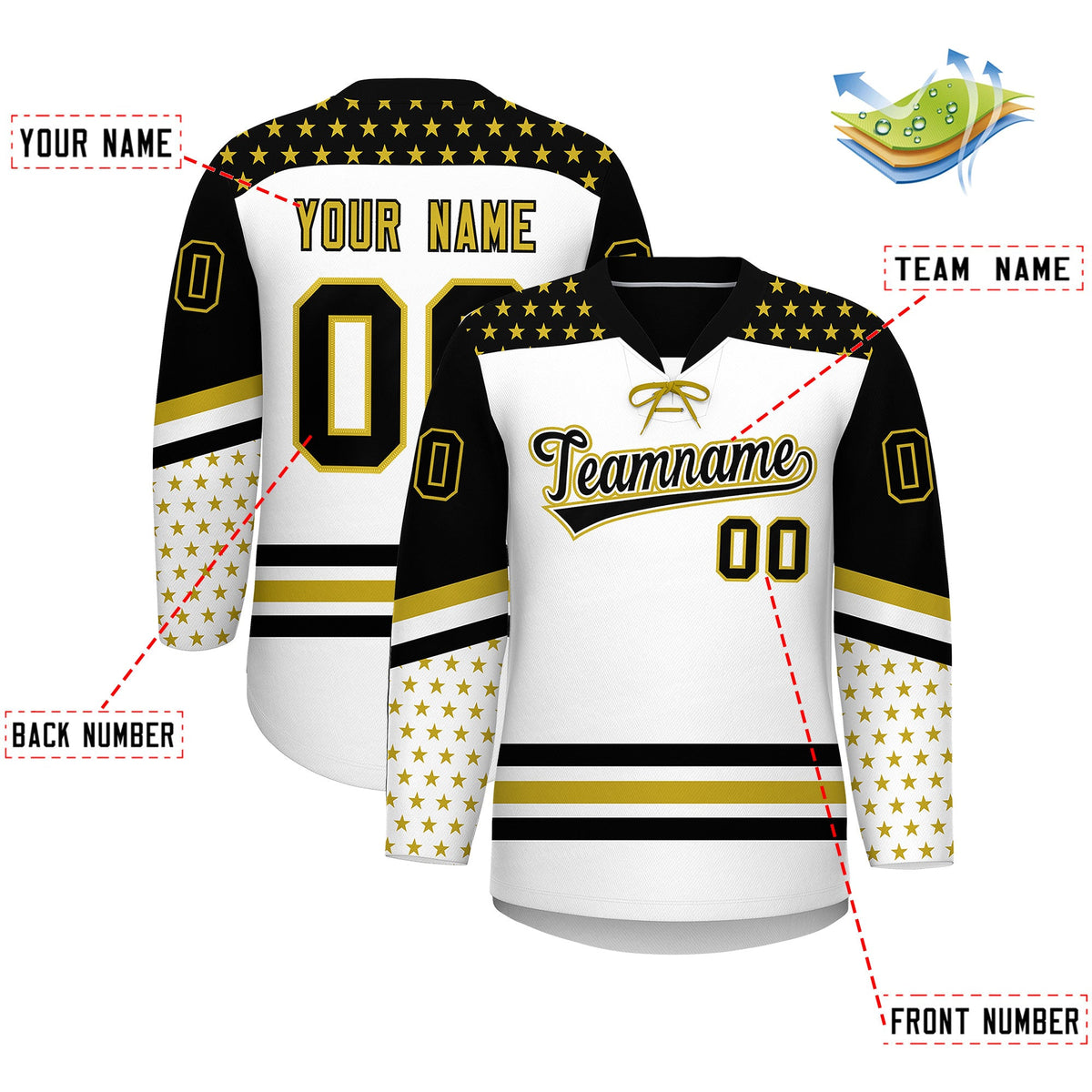 Custom White Black Old Gold Star Series Personalization Lace-Up Neck Hockey Jersey| KXKSHOP
