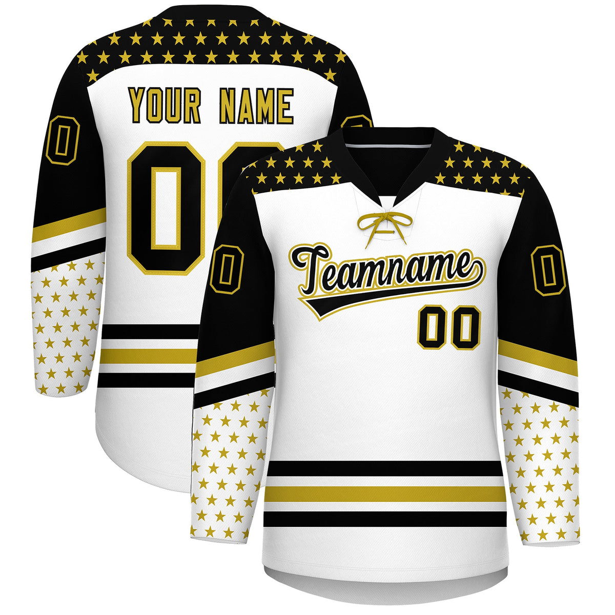 Custom White Black Old Gold Star Series Personalization Lace-Up Neck Hockey Jersey| KXKSHOP