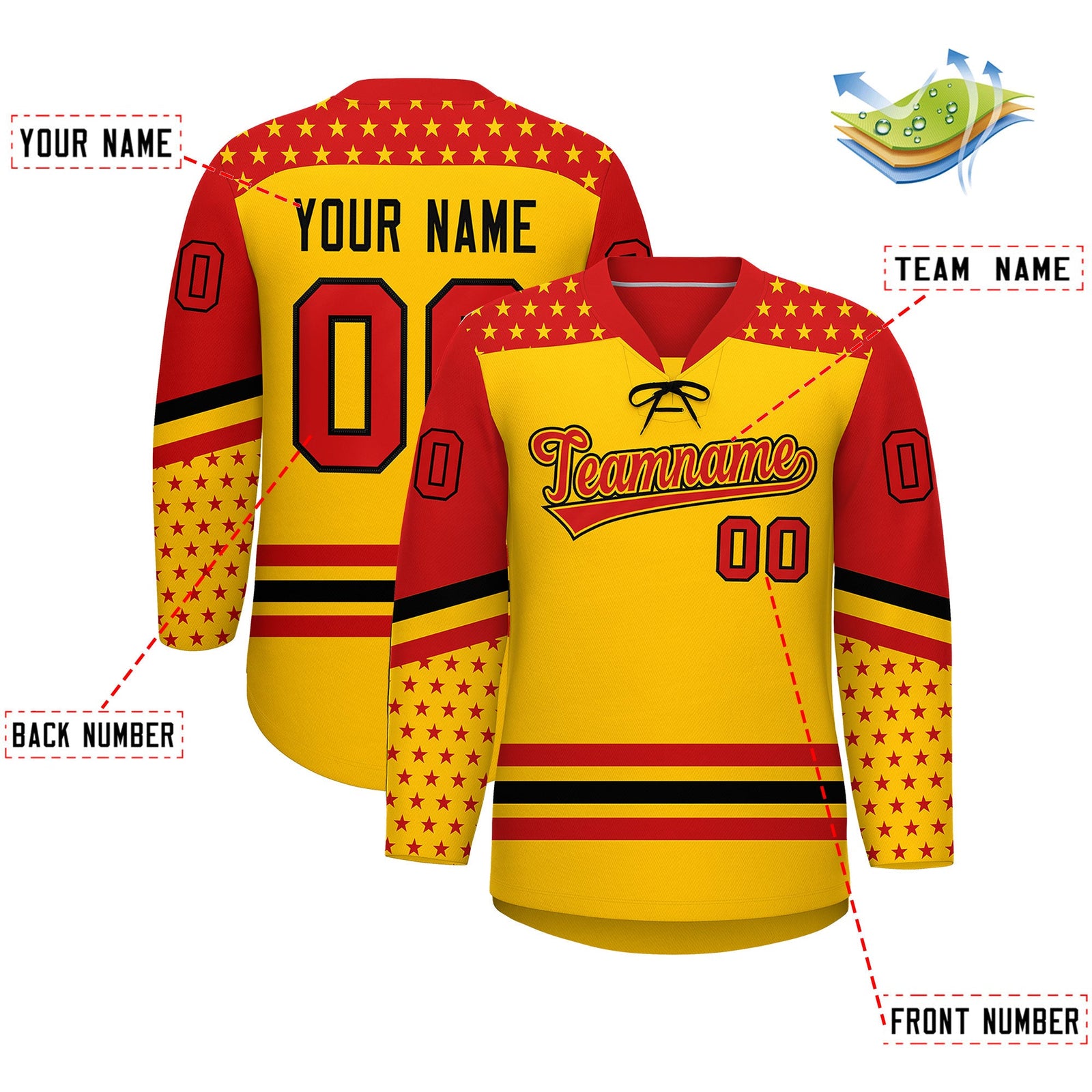 Custom Gold Red Black Star Series Personalization Lace-Up Neck Hockey Jersey| KXKSHOP