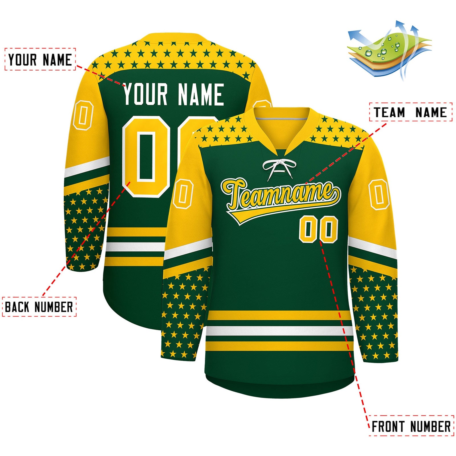 Custom Green Gold White Star Series Personalization Lace-Up Neck Hockey Jersey| KXKSHOP