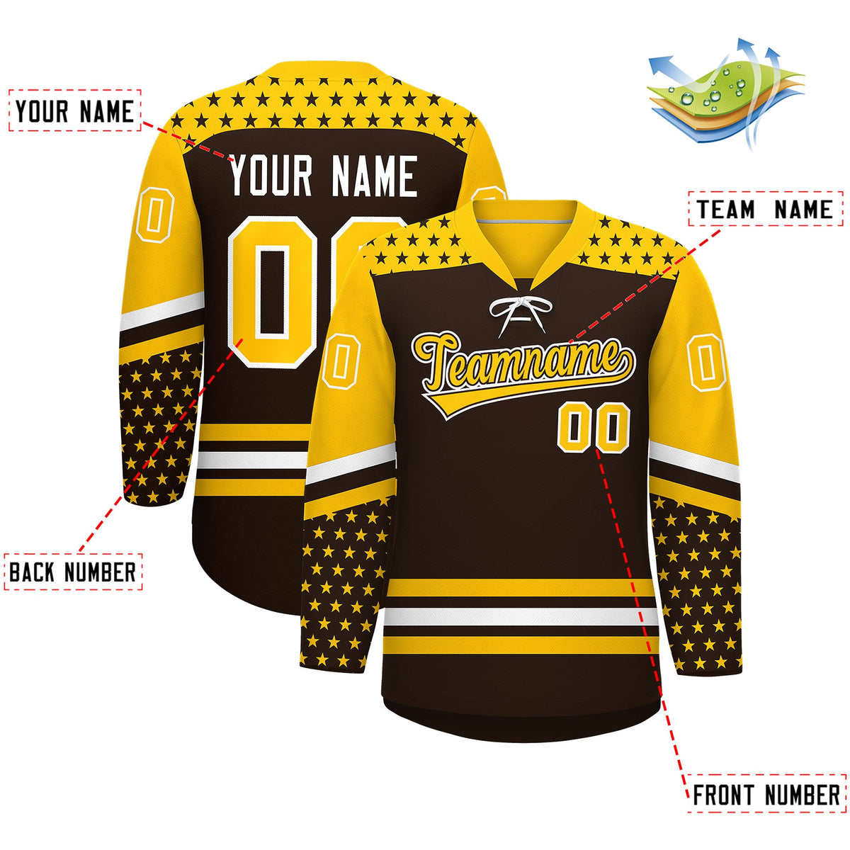 Custom Brown Gold White Star Series Personalization Lace-Up Neck Hockey Jersey| KXKSHOP