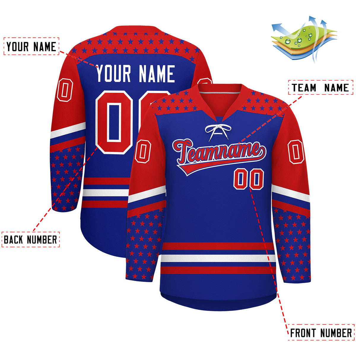 Custom Royal Blue Red White Star Series Personalization Lace-Up Neck Hockey Jersey| KXKSHOP