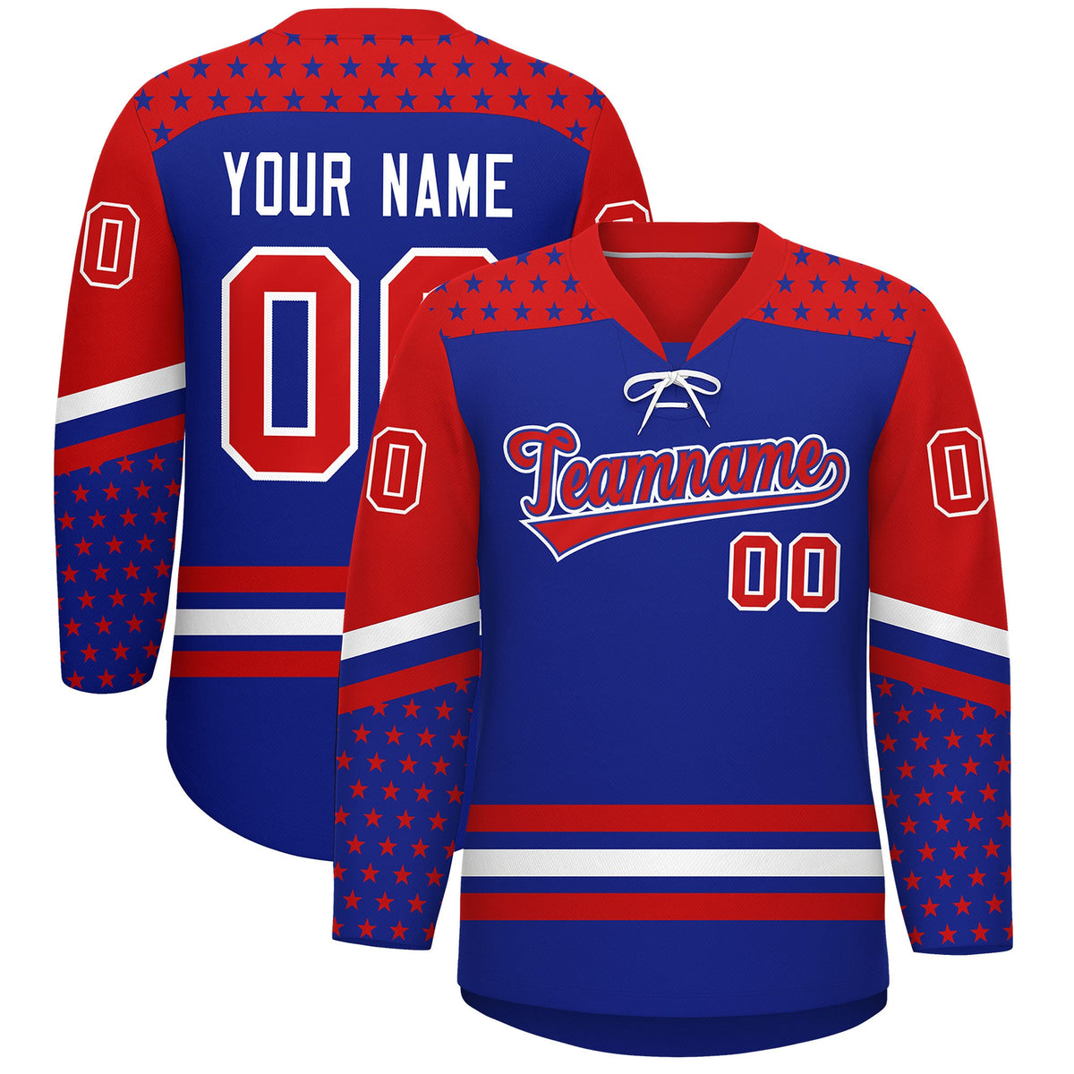 Custom Royal Blue Red White Star Series Personalization Lace-Up Neck Hockey Jersey| KXKSHOP