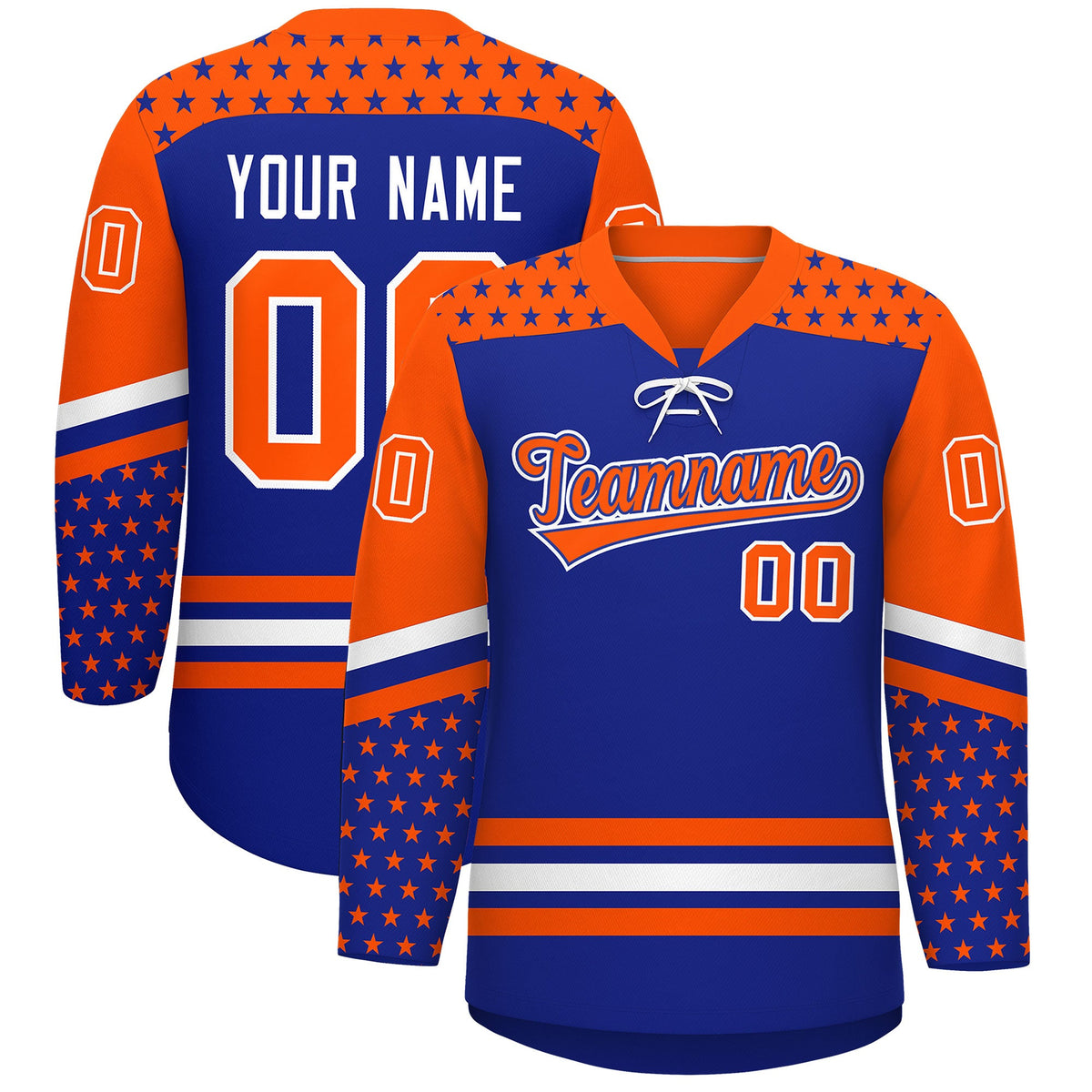 Custom Royal Blue Orange White Star Series Personalization Lace-Up Neck Hockey Jersey| KXKSHOP