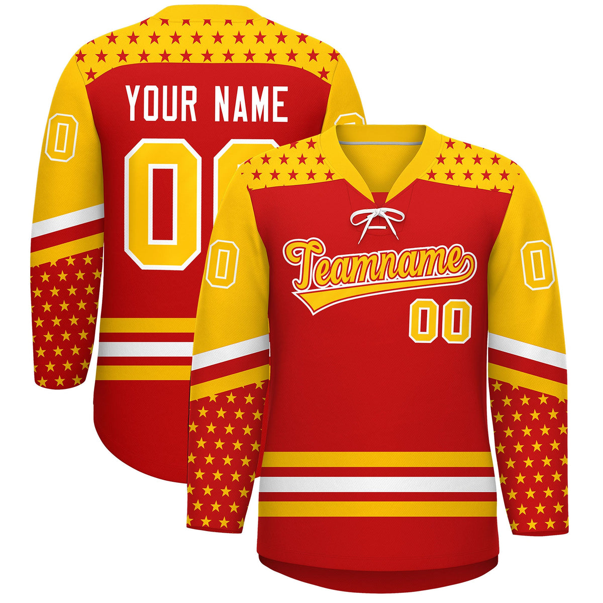 Custom Red Gold White Star Series Personalization Lace-Up Neck Hockey Jersey| KXKSHOP