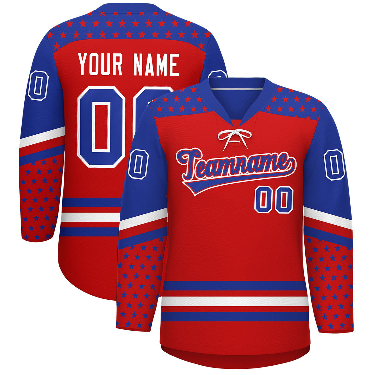 Custom Red Royal Blue White Star Series Personalization Lace-Up Neck Hockey Jersey| KXKSHOP