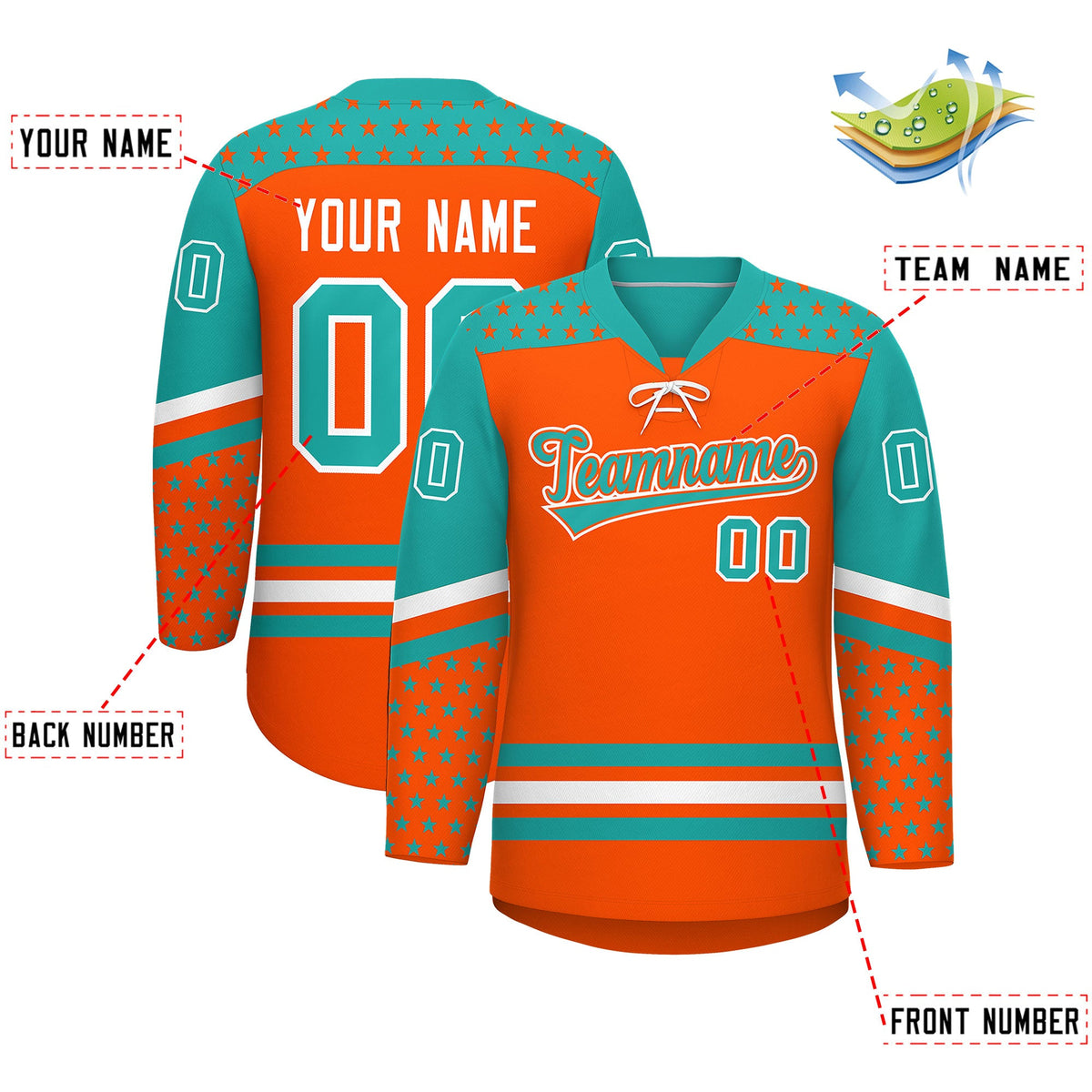 Custom Orange Aqua White Star Series Personalization Lace-Up Neck Hockey Jersey| KXKSHOP
