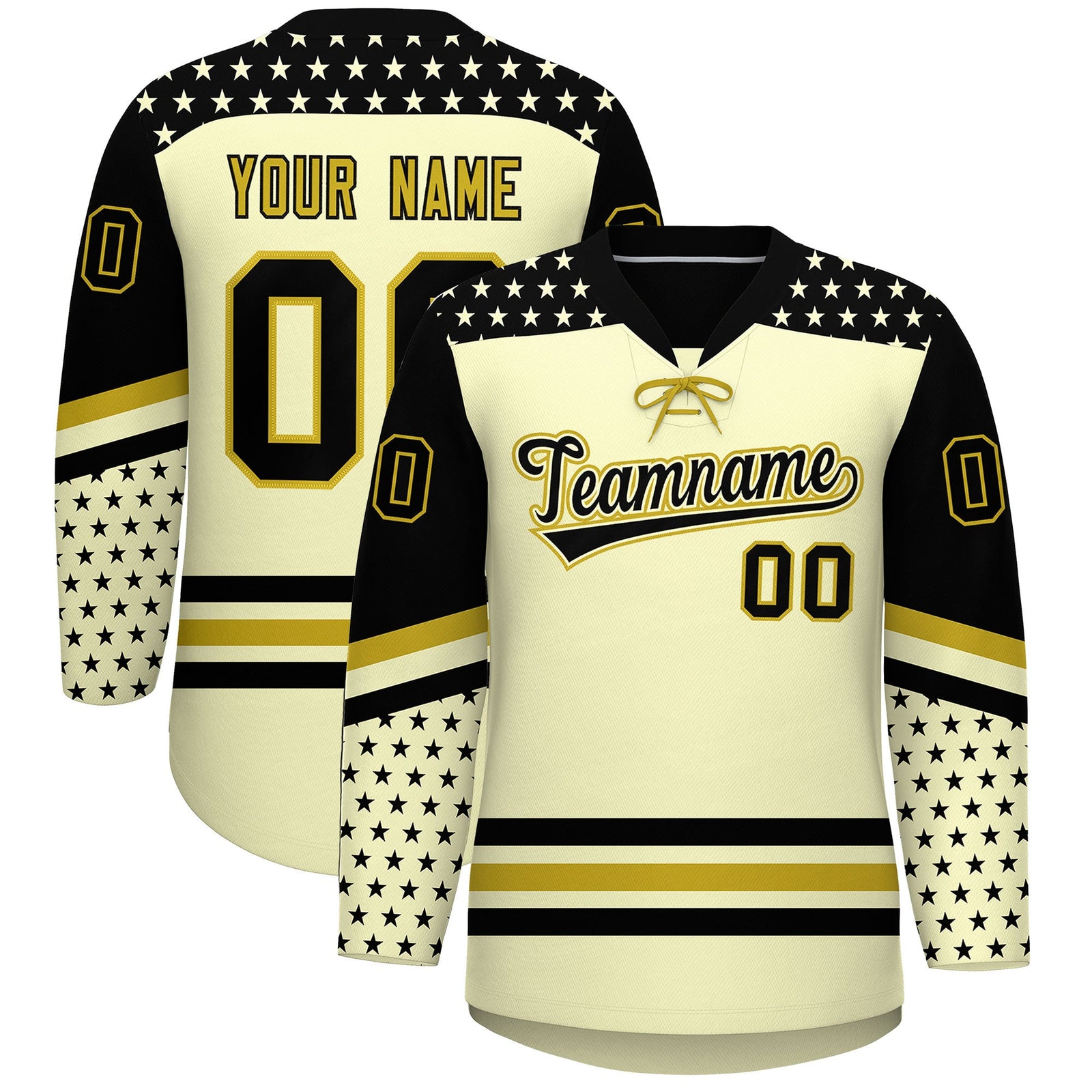 Custom Cream Black Old Gold Star Series Personalization Lace-Up Neck Hockey Jersey| KXKSHOP